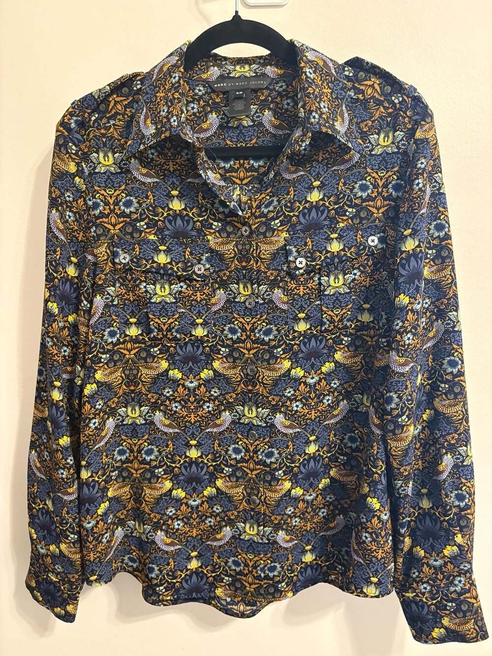 Marc by Marc Jacobs Bird Floral Print Button Down Shirt Small Y2K Retro Workwear